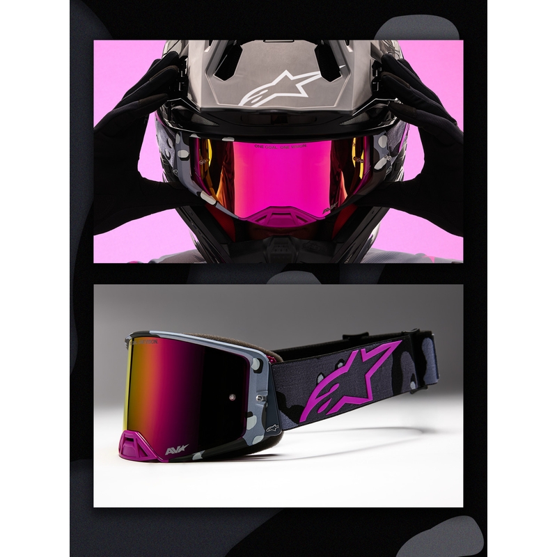 Gogle motocrossowe Alpinestars Supertech Lone w kolorze fioletowym z lustrzanym różowym pleksiglasem