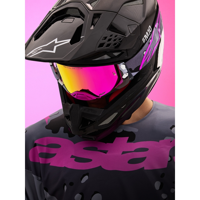 Gogle motocrossowe Alpinestars Supertech Lone w kolorze fioletowym z lustrzanym różowym pleksiglasem
