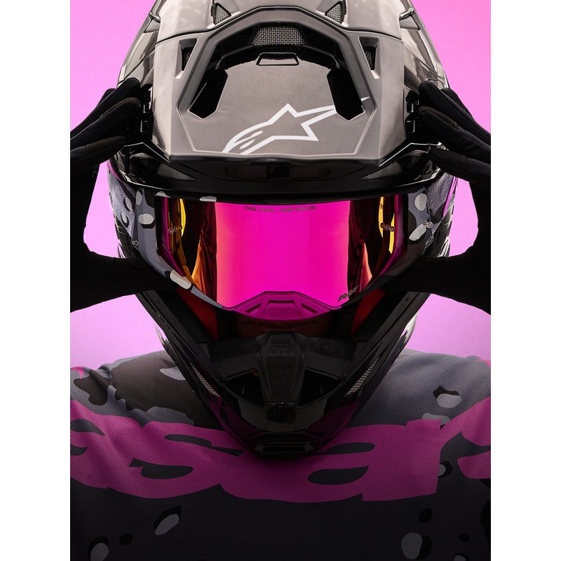 Gogle motocrossowe Alpinestars Supertech Lone w kolorze fioletowym z lustrzanym różowym pleksiglasem