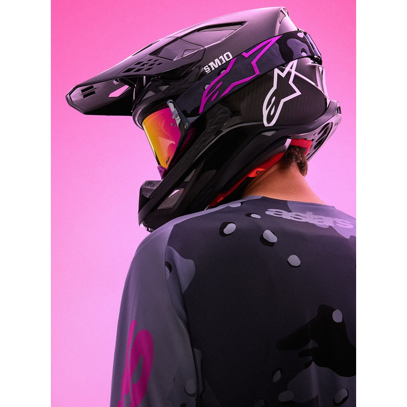 Gogle motocrossowe Alpinestars Supertech Lone w kolorze fioletowym z lustrzanym różowym pleksiglasem