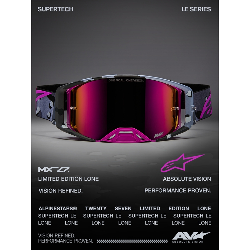 Gogle motocrossowe Alpinestars Supertech Lone w kolorze fioletowym z lustrzanym różowym pleksiglasem