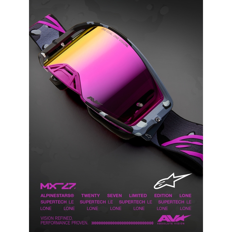 Gogle motocrossowe Alpinestars Supertech Lone w kolorze fioletowym z lustrzanym różowym pleksiglasem
