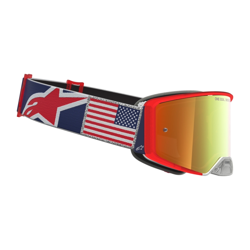Okulary motocrossowe Alpinestars Supertech Fiftyfold niebiesko-czerwono-białe z lustrzanym czerwonym pleksiglasem