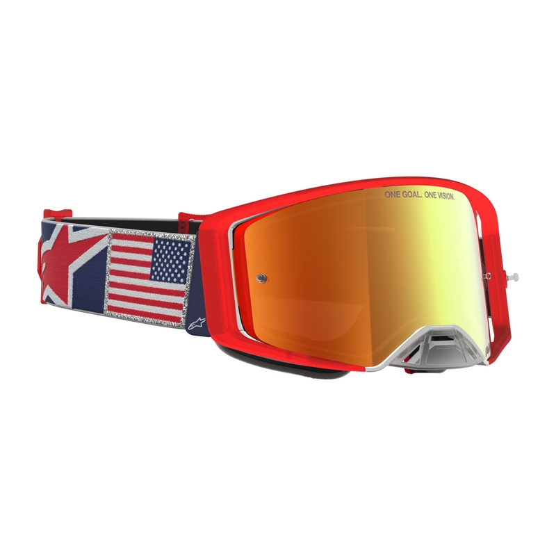 Okulary motocrossowe Alpinestars Supertech Fiftyfold niebiesko-czerwono-białe z lustrzanym czerwonym pleksiglasem