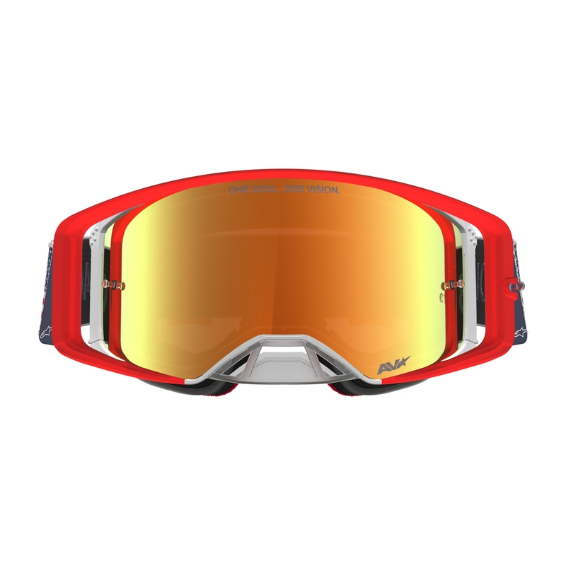 Okulary motocrossowe Alpinestars Supertech Fiftyfold niebiesko-czerwono-białe z lustrzanym czerwonym pleksiglasem