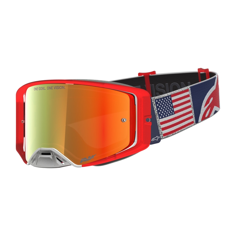 Okulary motocrossowe Alpinestars Supertech Fiftyfold niebiesko-czerwono-białe z lustrzanym czerwonym pleksiglasem