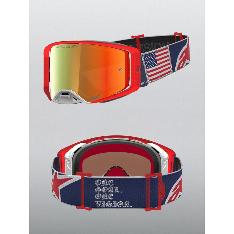 Okulary motocrossowe Alpinestars Supertech Fiftyfold niebiesko-czerwono-białe z lustrzanym czerwonym pleksiglasem