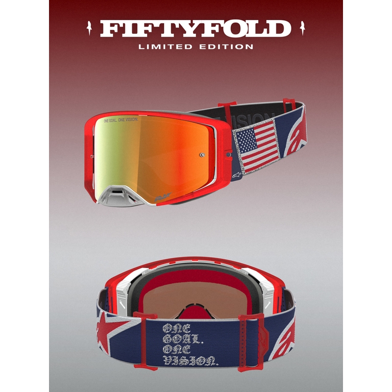 Okulary motocrossowe Alpinestars Supertech Fiftyfold niebiesko-czerwono-białe z lustrzanym czerwonym pleksiglasem