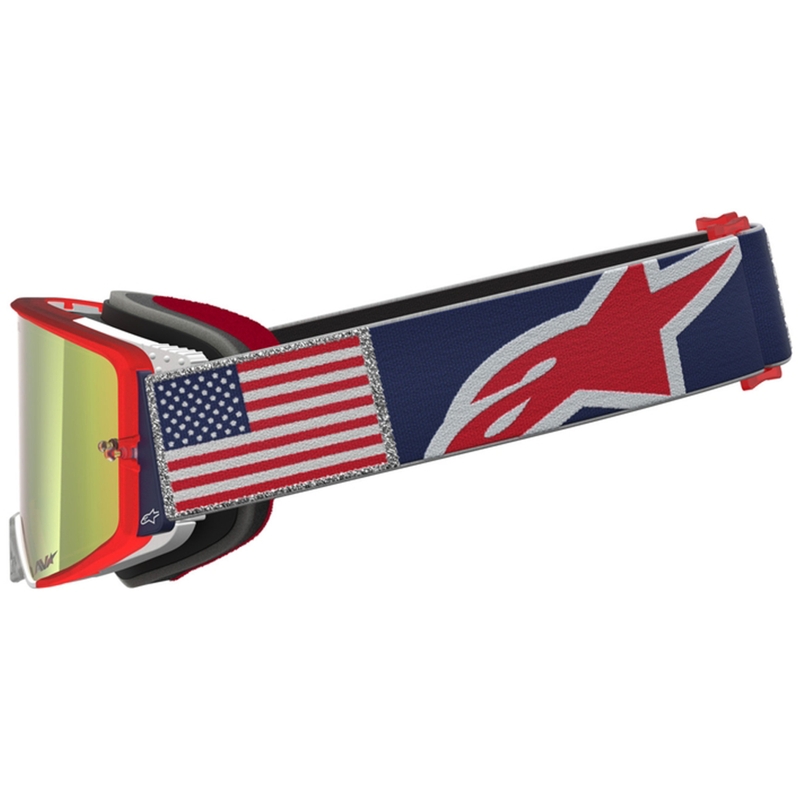 Okulary motocrossowe Alpinestars Supertech Fiftyfold niebiesko-czerwono-białe z lustrzanym czerwonym pleksiglasem