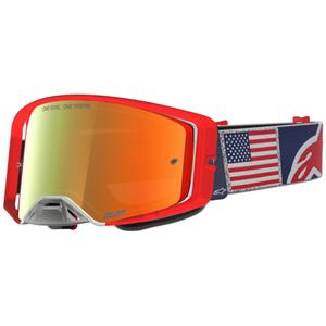 Okulary motocrossowe Alpinestars Supertech Fiftyfold niebiesko-czerwono-białe z lustrzanym czerwonym pleksiglasem