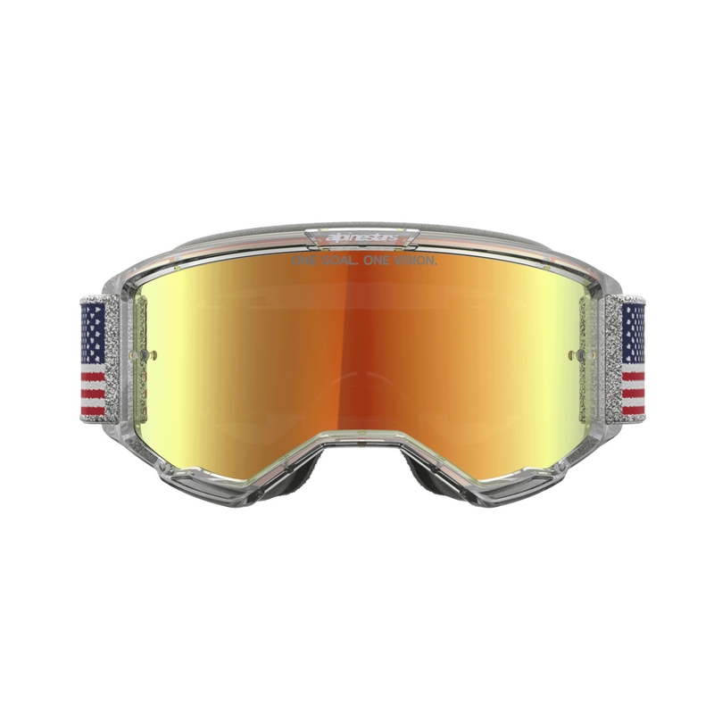 Gogle motocrossowe Alpinestars Vision 5 Fiftyfold w kolorze niebiesko-czerwono-białym z lustrzanymi czerwonymi soczewkami