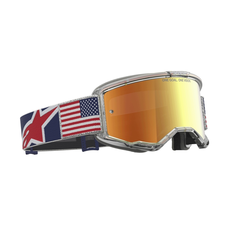 Gogle motocrossowe Alpinestars Vision 5 Fiftyfold w kolorze niebiesko-czerwono-białym z lustrzanymi czerwonymi soczewkami
