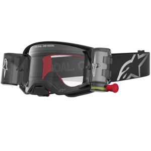 Gogle motocrossowe Alpinestars Supertech ROLL-OFF czarno-srebrne z przezroczystym pleksiglasem