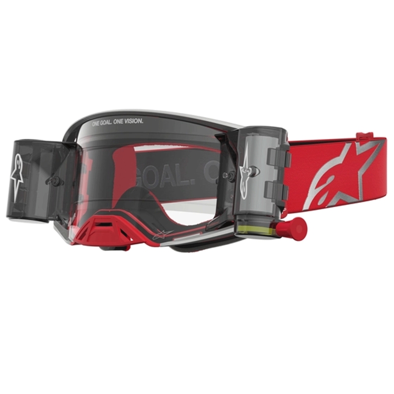Okulary motocrossowe Alpinestars Supertech Firma w kolorze czerwono-srebrnym z przezroczystym pleksiglasem