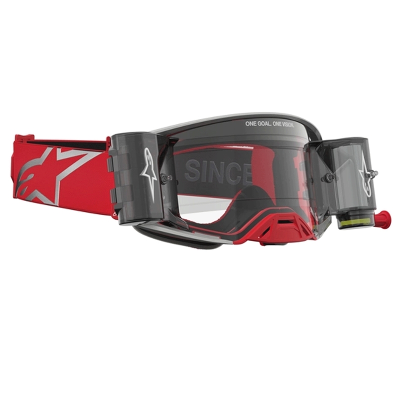 Okulary motocrossowe Alpinestars Supertech Firma w kolorze czerwono-srebrnym z przezroczystym pleksiglasem