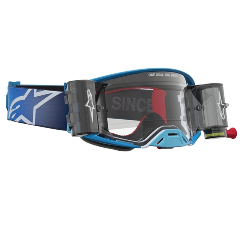 Gogle motocrossowe Alpinestars Supertech ROLL-OFF niebiesko-srebrne z przezroczystym pleksiglasem