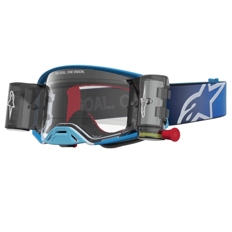 Gogle motocrossowe Alpinestars Supertech ROLL-OFF niebiesko-srebrne z przezroczystym pleksiglasem