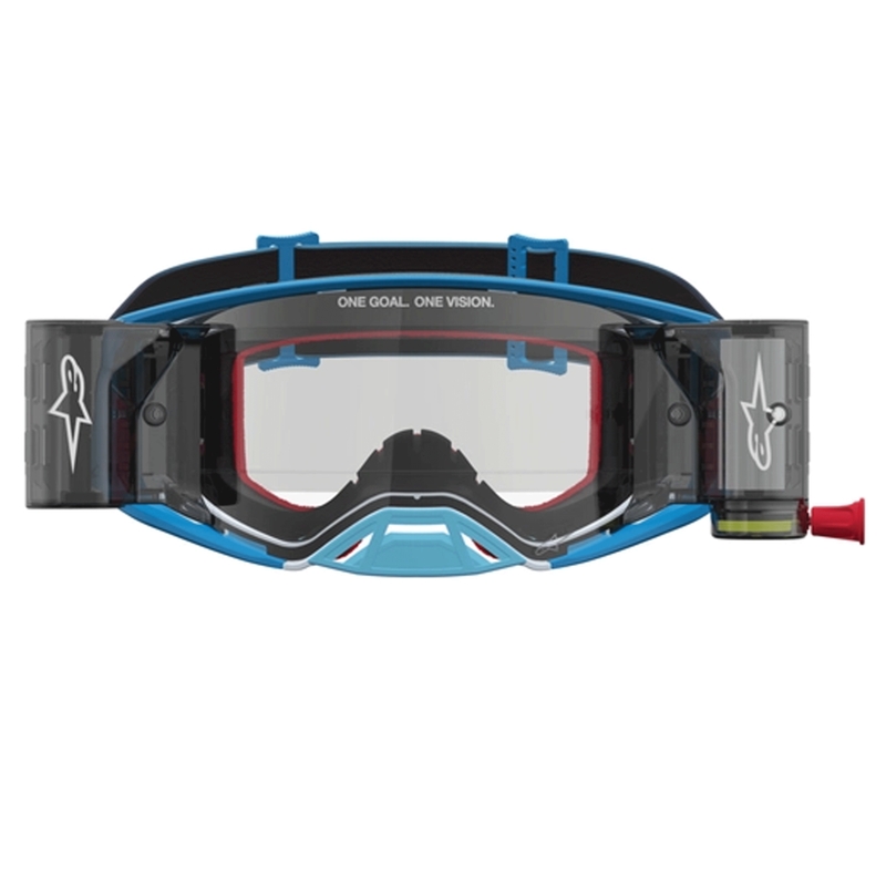 Gogle motocrossowe Alpinestars Supertech ROLL-OFF niebiesko-srebrne z przezroczystym pleksiglasem