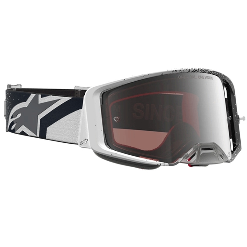 Gogle motocrossowe Alpinestars Supertech biało-czarne z lustrzanym srebrnym pleksiglasem