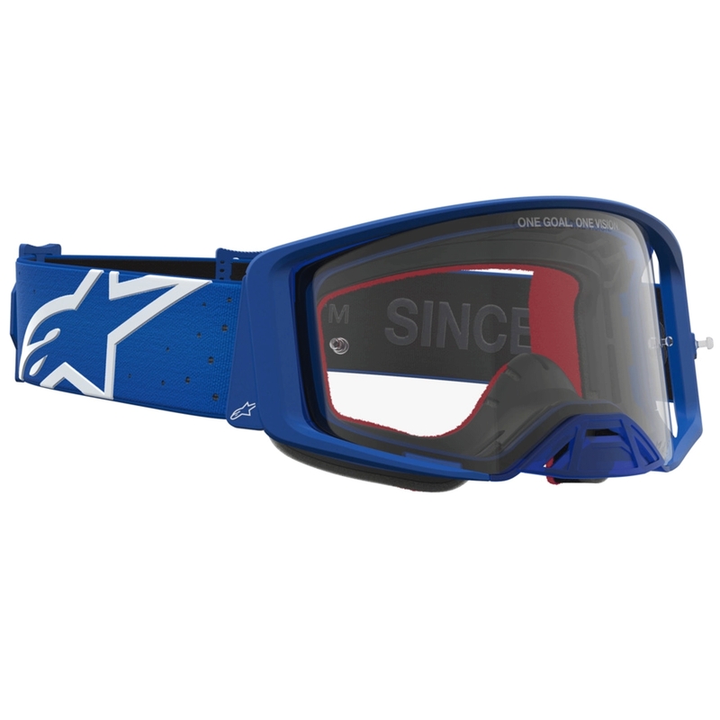 Gogle motocrossowe Alpinestars Supertech Vesta niebiesko-białe z przezroczystym pleksiglasem
