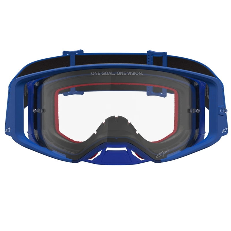 Gogle motocrossowe Alpinestars Supertech Vesta niebiesko-białe z przezroczystym pleksiglasem