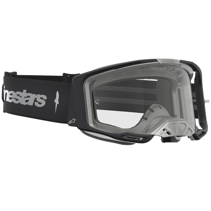 Gogle motocrossowe Alpinestars Vision 8 Amber czarno-srebrne z przezroczystym pleksiglasem