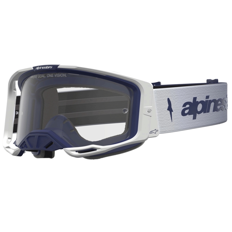 Gogle motocrossowe Alpinestars Vision 8 Amber niebiesko-białe z przezroczystym pleksiglasem