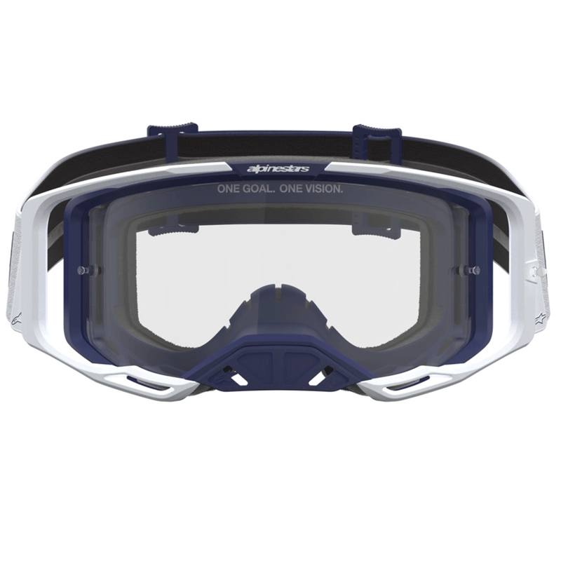 Gogle motocrossowe Alpinestars Vision 8 Amber niebiesko-białe z przezroczystym pleksiglasem