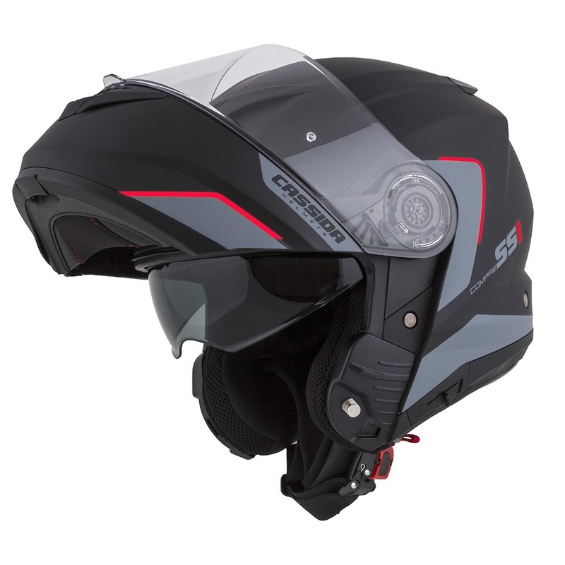Szczękowy kask motocyklowy Cassida Compress 2.0 Refraction czarno-szaro-czerwony