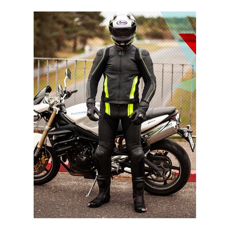 Skórzane spodnie motocyklowe Ozone Volt czarno-fluo żółte wyprzedaż