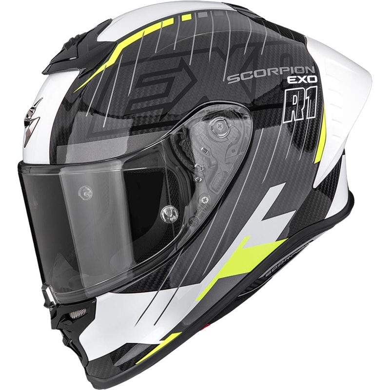 Kask motocyklowy integralny Scorpion EXO-R1 EVO II Air Surge czarno-biało-fluo-żółty