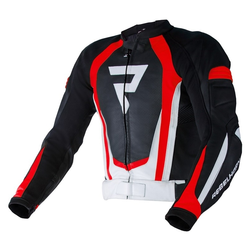 Skórzana kurtka motocyklowa Rebelhorn Piston II PRO czarno-biało-fluo czerwona wyprzedaż