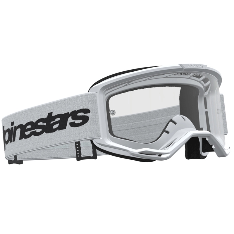Okulary motocrossowe Alpinestars Vision 3 Wordmark biało-czarne z przezroczystym pleksiglasem