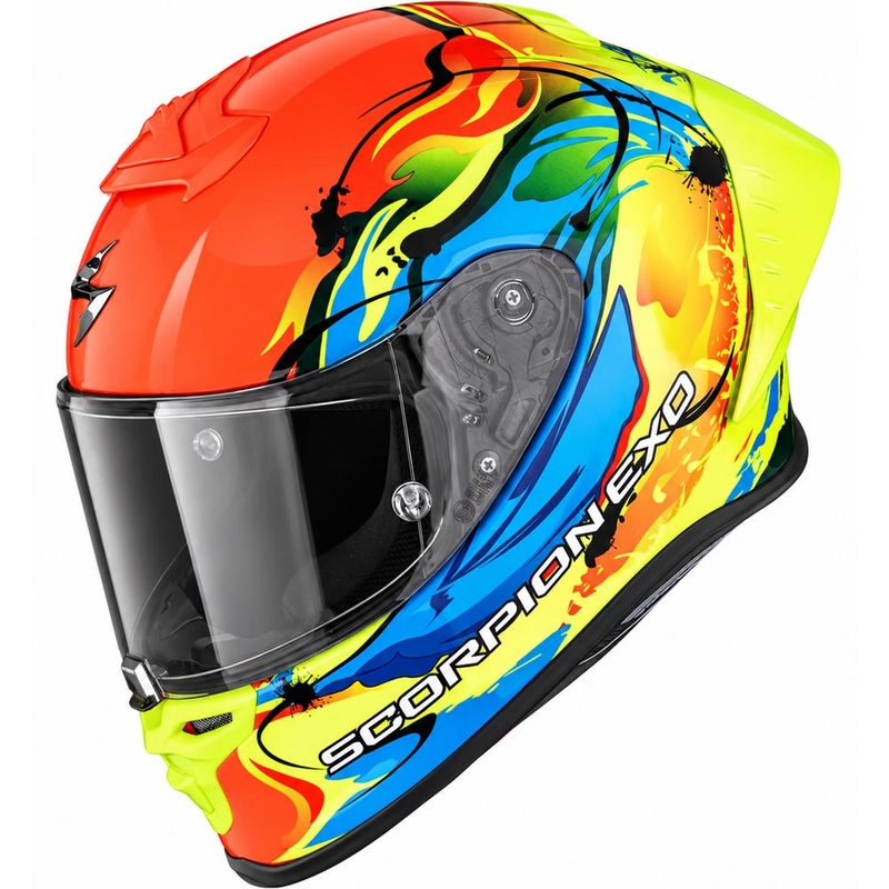 Kask motocyklowy integralny Scorpion EXO-R1 EVO II Air Thrust w kolorze czerwono-niebiesko-żółtym fluorescencyjnym