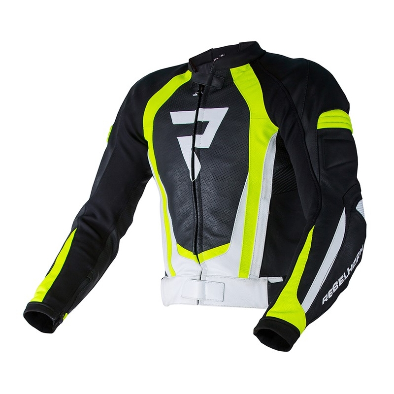 Skórzana kurtka motocyklowa Rebelhorn Piston II PRO czarno-biało-fluo żółta wyprzedaż