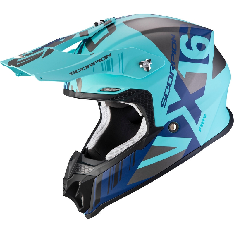Motocrossowy kask Scorpion VX-16 Air Mach srebrno-niebiesko-turkusowy