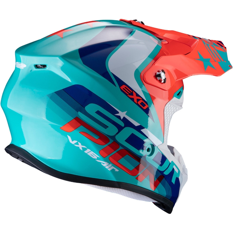 Motocrossowy kask Scorpion VX-16 Air Nation zielono-niebiesko-czerwony wyprzedaż