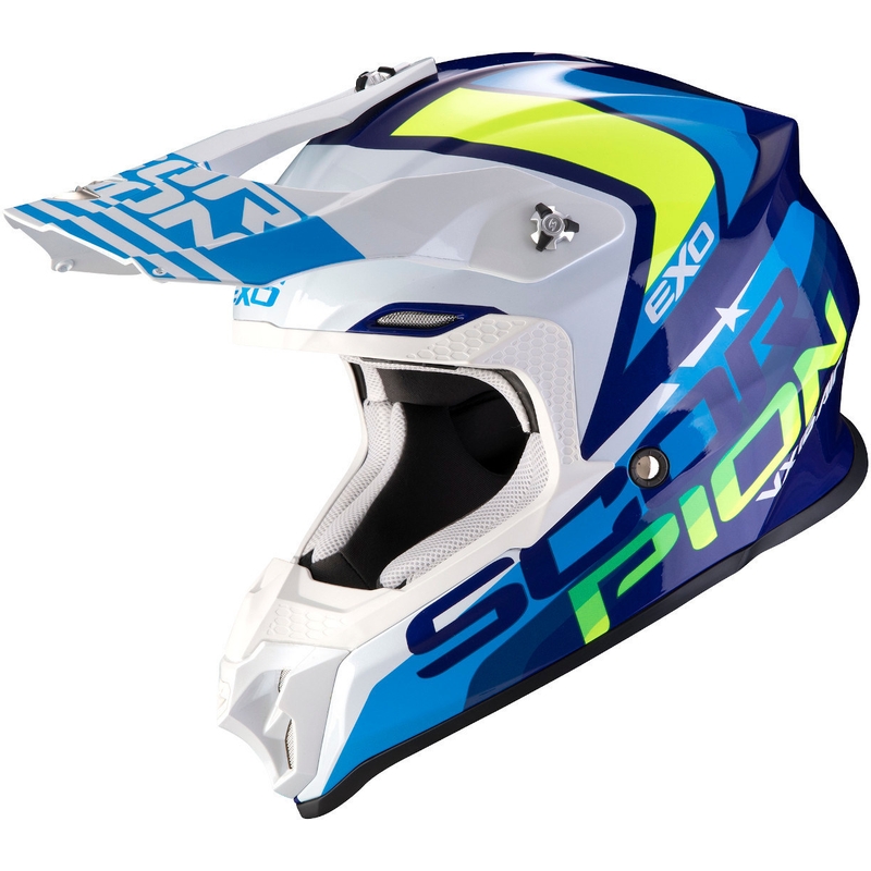 Motocrossowy kask Scorpion VX-16 Air Nation niebiesko-biało-fluo żółty wyprzedaż