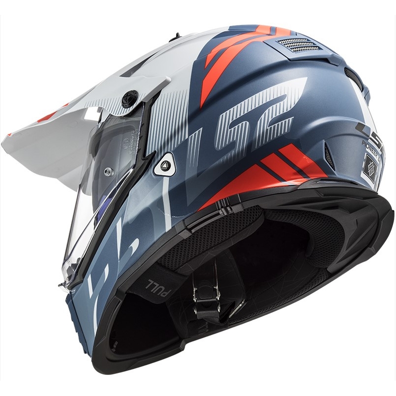 Enduro kask LS2 MX436 Pioneer EVO Evolve biało-niebiesko-pomarańczowy