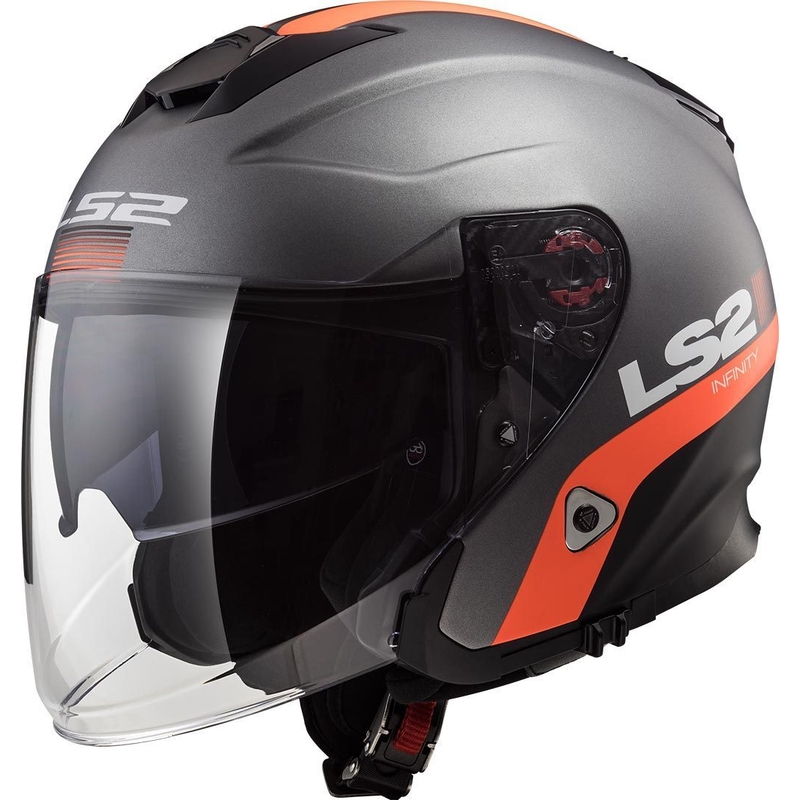 Otwarty kask motocyklowy LS2 OF521 Infinity Smart tytanowo-pomarańczowy