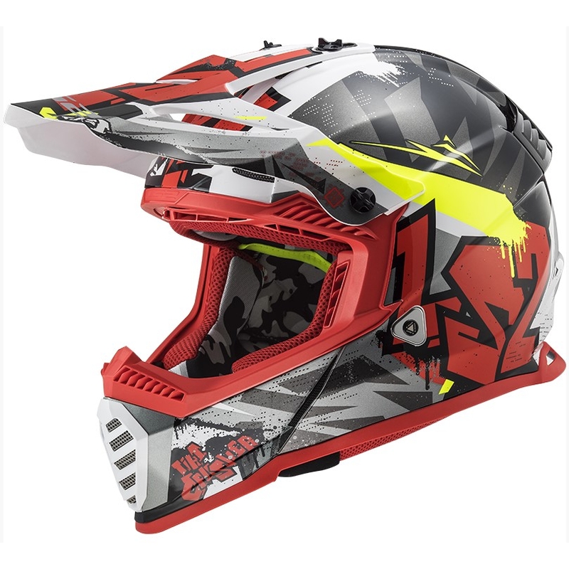 Motocrossowy kask LS2 MX437 Fast Evo Crusher czarno-czerwono-fluo żółty