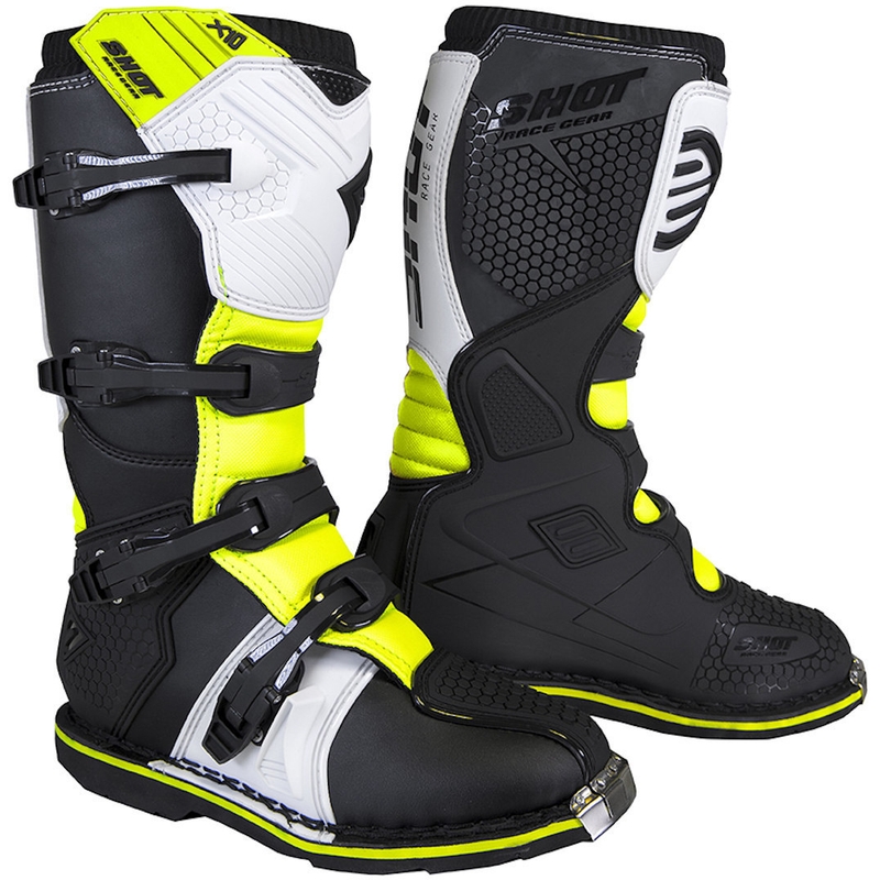 Dziecięce buty motocyklowe Shot K10 2.0 czarno-biało-fluo żółte wyprzedaż