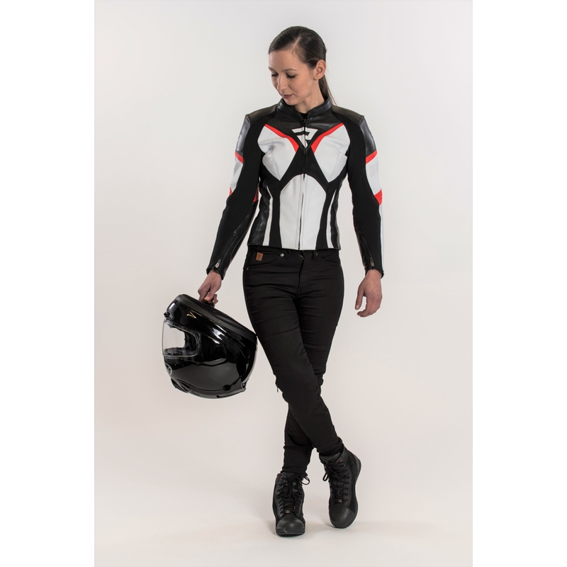 Damska skórzana kurtka motocyklowa Rebelhorn Rebel czarno-biało-fluo czerwona wyprzedaż
