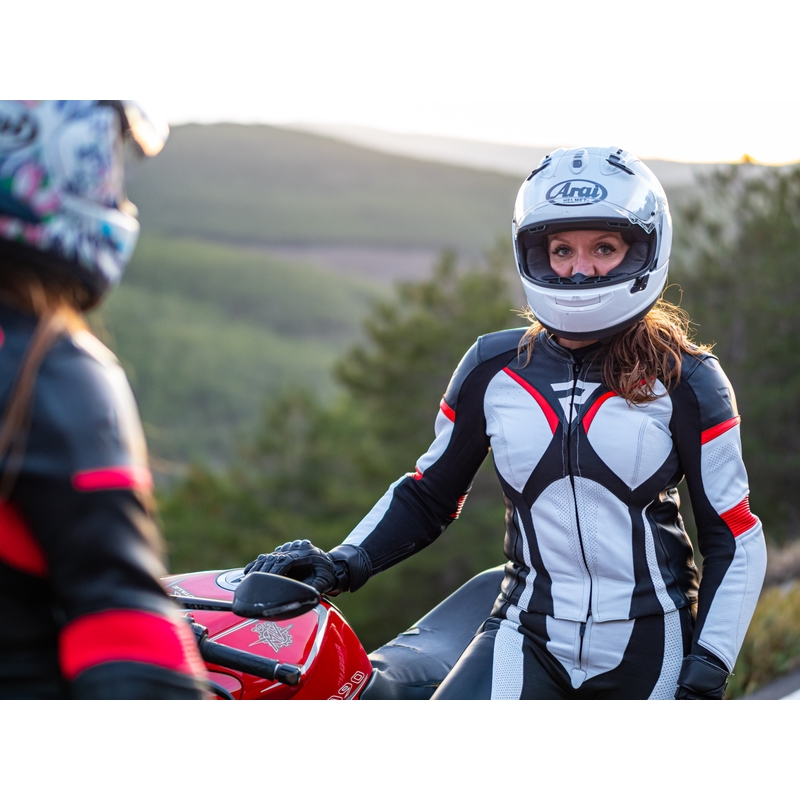 Damska skórzana kurtka motocyklowa Rebelhorn Rebel czarno-biało-fluo czerwona wyprzedaż