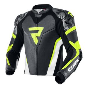 Skórzana kurtka motocyklowa Rebelhorn Rebel czarno-biało-fluo żółta wyprzedaż