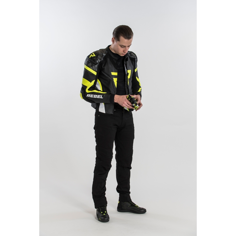 Skórzana kurtka motocyklowa Rebelhorn Rebel czarno-biało-fluo żółta wyprzedaż